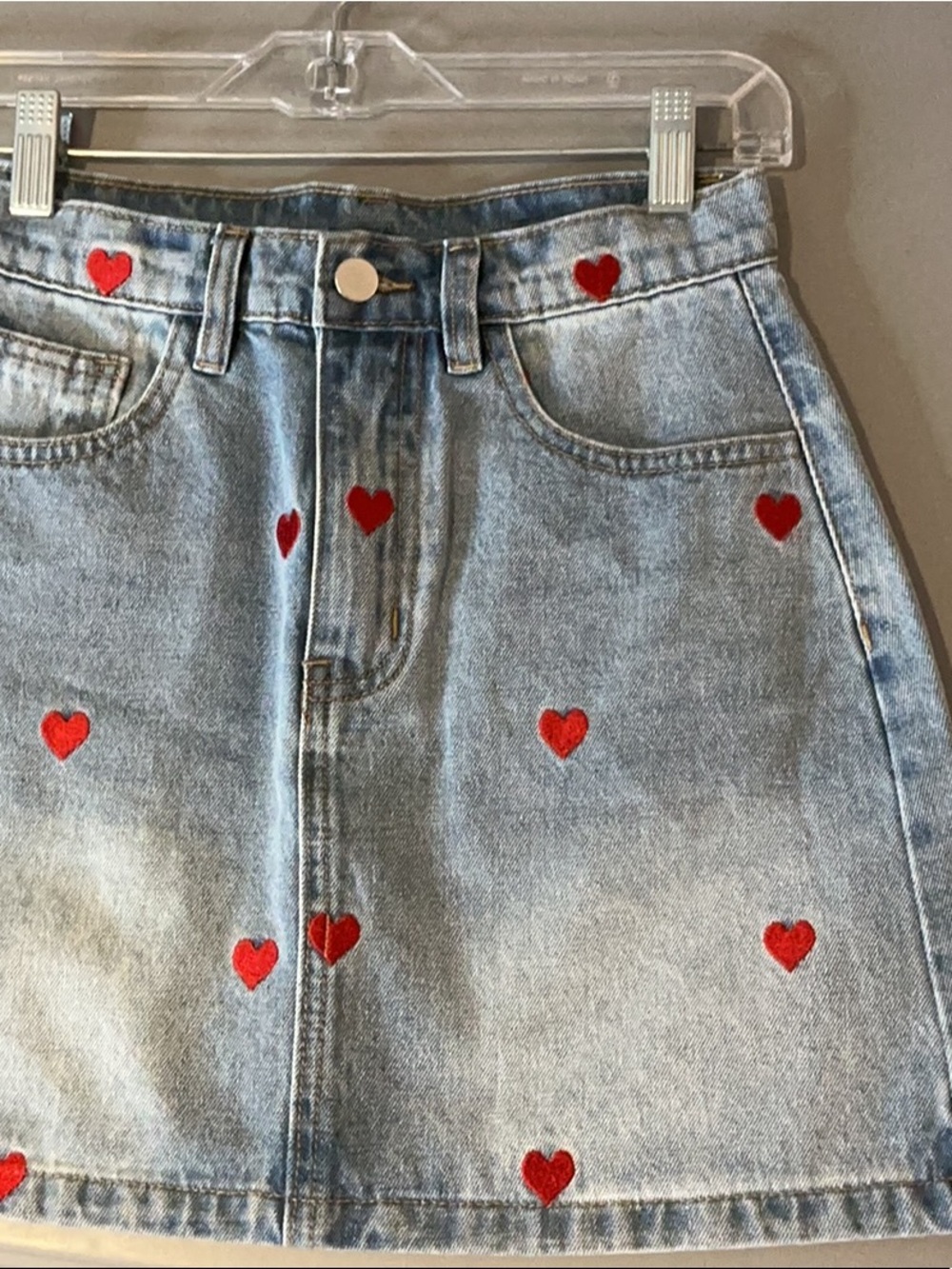 Cider Denim Mini Skirt with Red Heart pattern